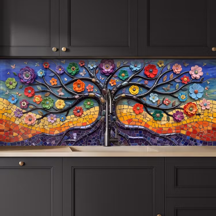 Levensboom - Mozaïek - Bloemen - Kleurrijk - Vrolijk keuken achterwand 2 middel -sfeer1