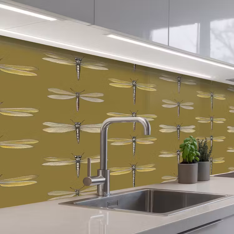 Libellen - Patroon - Groen keuken achterwand 2 middel 871 -3d_schuin