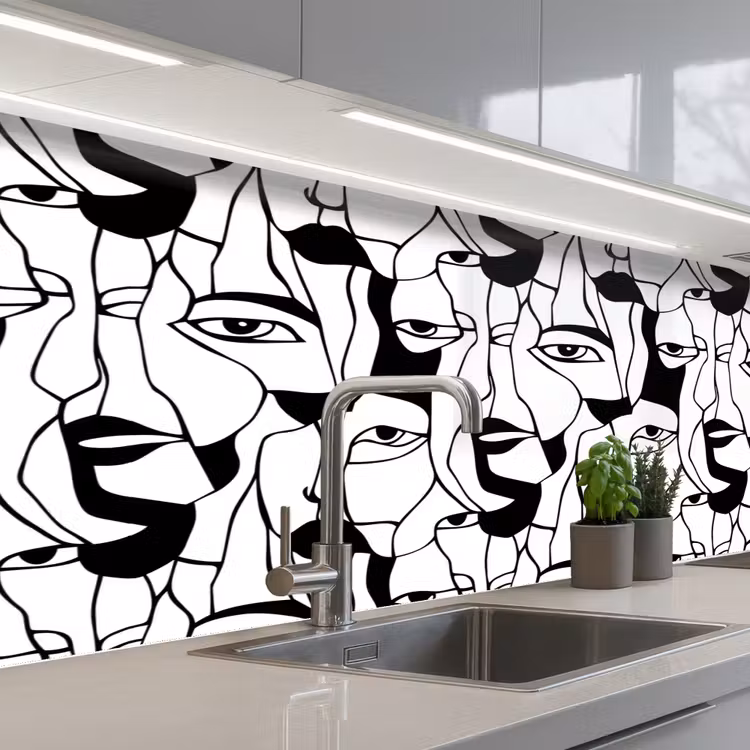 Lijnen - Gezichten - Zwart - Wit keuken achterwand 2 middel 871 -3d_schuin