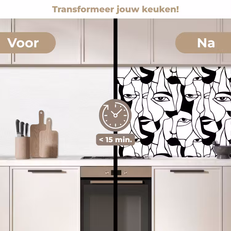 Lijnen - Gezichten - Zwart - Wit keuken achterwand 2 middel 871 -voor-na2_NL