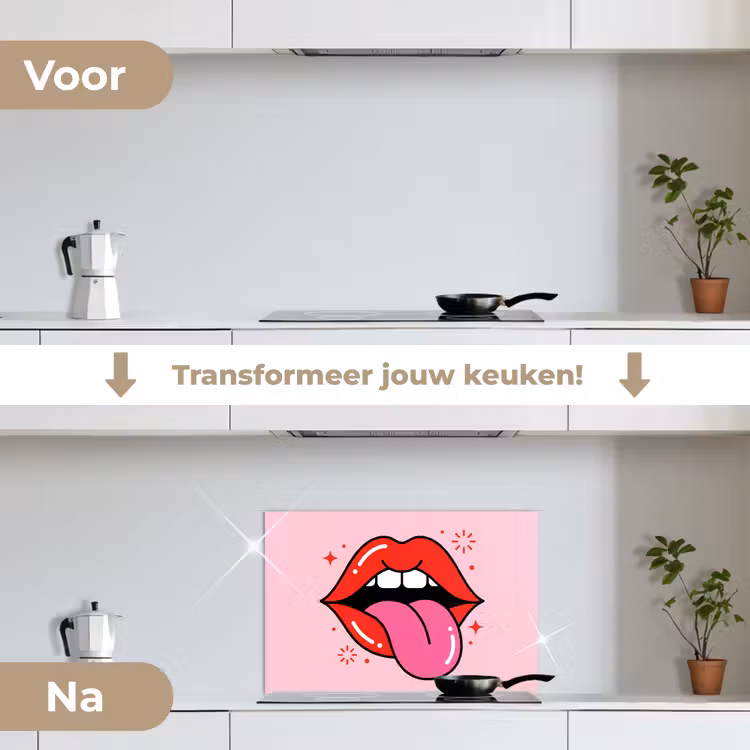Lippen - Tong - Pop-art - Kleurrijk - Roze keuken achterwand spatscherm klein -voor_na_NL