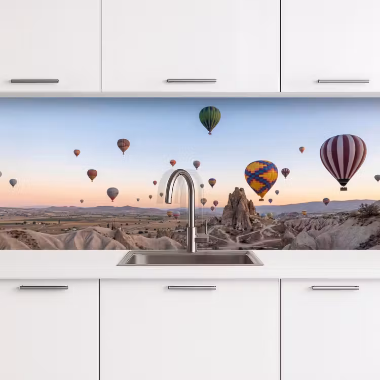 Luchtballonnen - Rotsen - Zonsopgang keuken achterwand 2 middel -3d