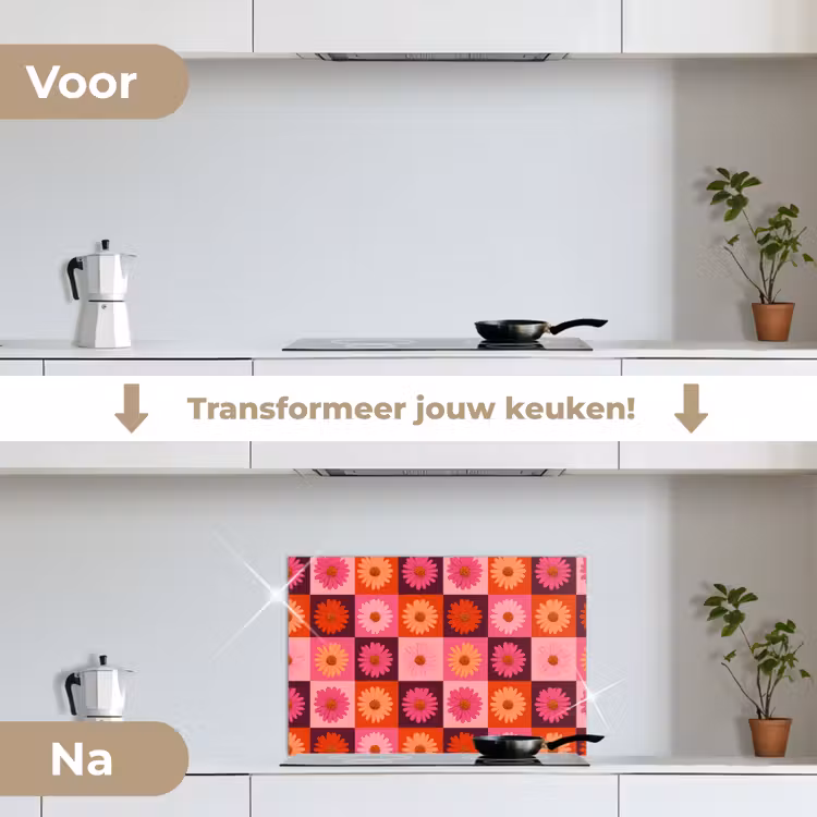 Madeliefjes - Dambord - Retro - Roze - Oranje keuken achterwand spatscherm klein 900 -voor_na_NL