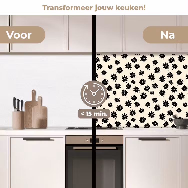 Madeliefjes - Grafisch - Zwart - Beige keuken achterwand 2 middel 871 -voor-na2_NL