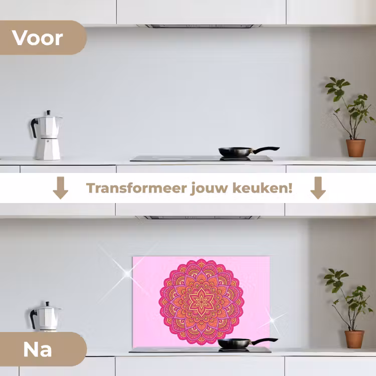 Mandala - Cirkel - Spiritueel - Oosters - Roze keuken achterwand spatscherm klein -voor_na_NL
