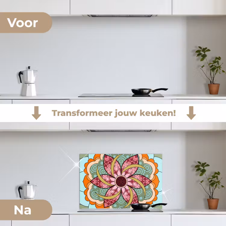 Mandala - Geometrisch - Kunst - Decoratief - Kleurrijk keuken achterwand spatscherm klein -voor_na_NL