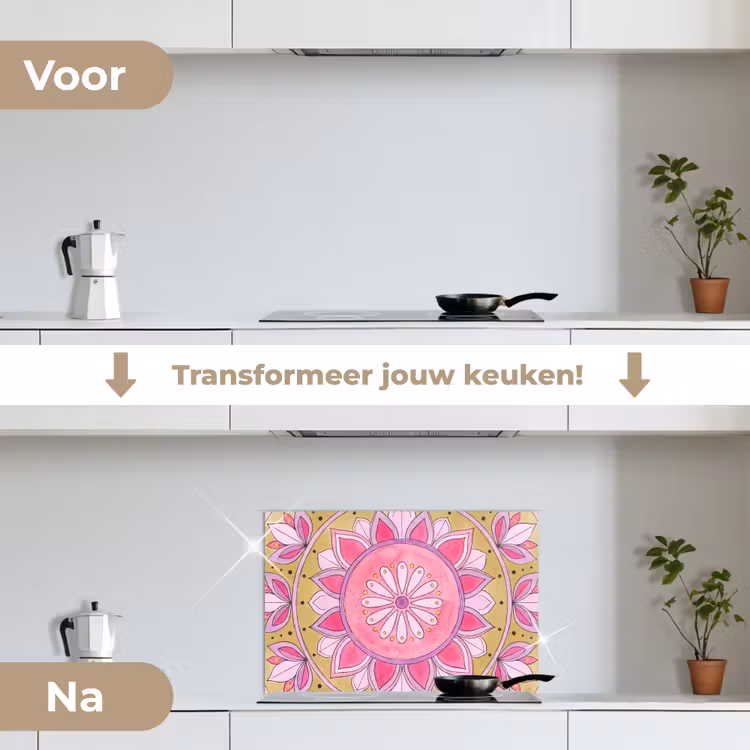 Mandala - Patroon - Kunst - Aquarel - Roze keuken achterwand spatscherm klein -voor_na_NL