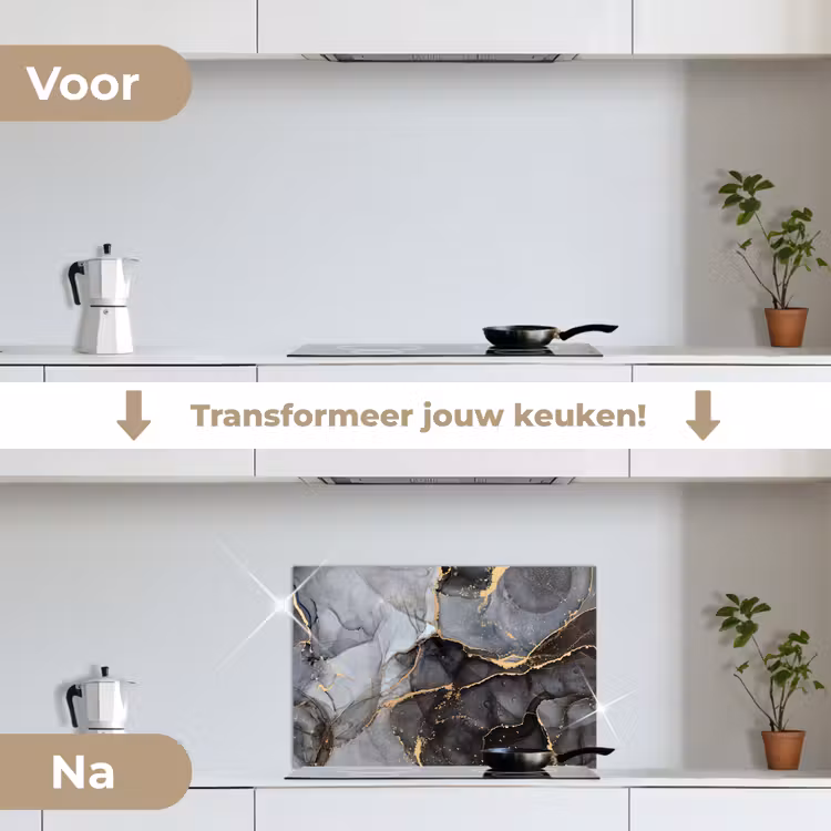 Marmer - Abstract - Goud - Grijs keuken achterwand spatscherm klein -voor_na_NL