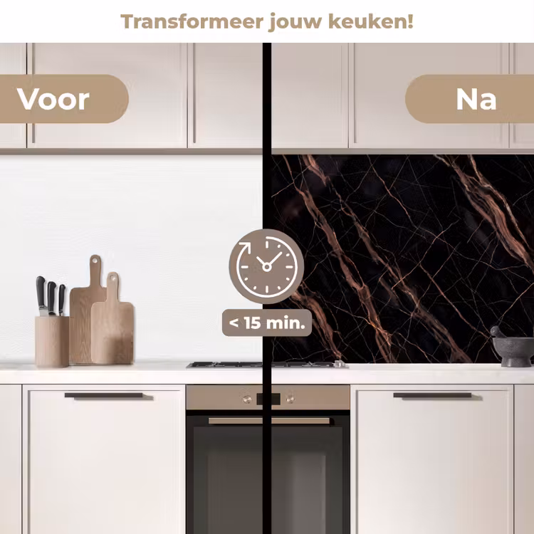 Marmer - Goud - Patroon - Luxe - Zwart keuken achterwand 2 middel -voor-na2_NL