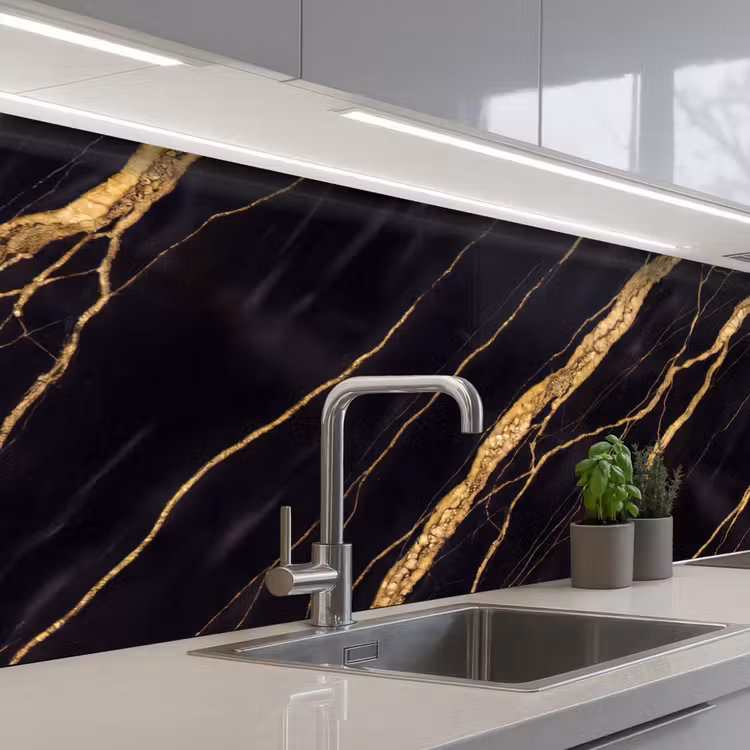 Marmer - Goud - Textuur - Abstract - Zwart keuken achterwand 2 middel -3d_schuin