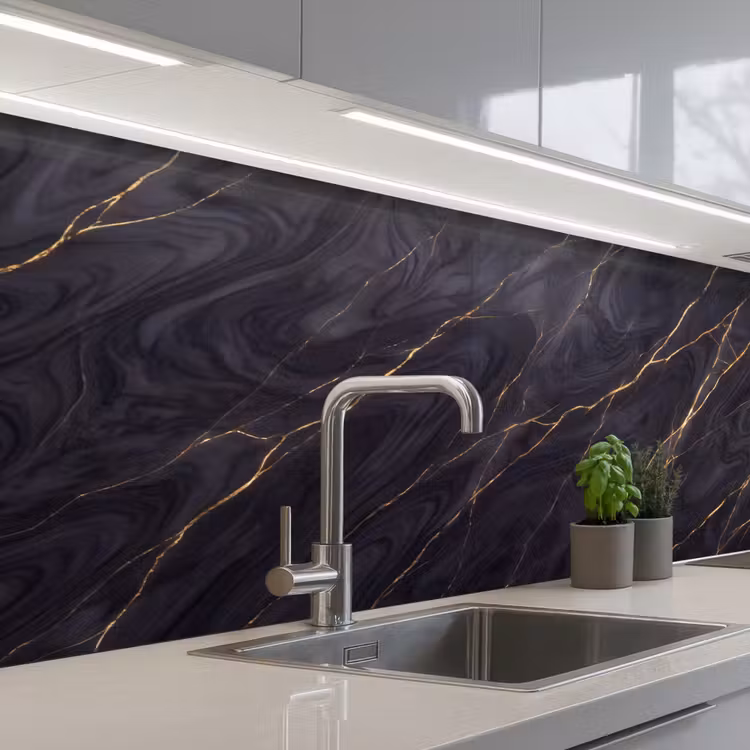 Marmer - Goudaders - Abstract - Modern - Zwart keuken achterwand 2 middel -3d_schuin