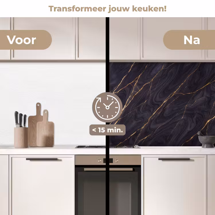 Marmer - Goudaders - Abstract - Modern - Zwart keuken achterwand 2 middel -voor-na2_NL