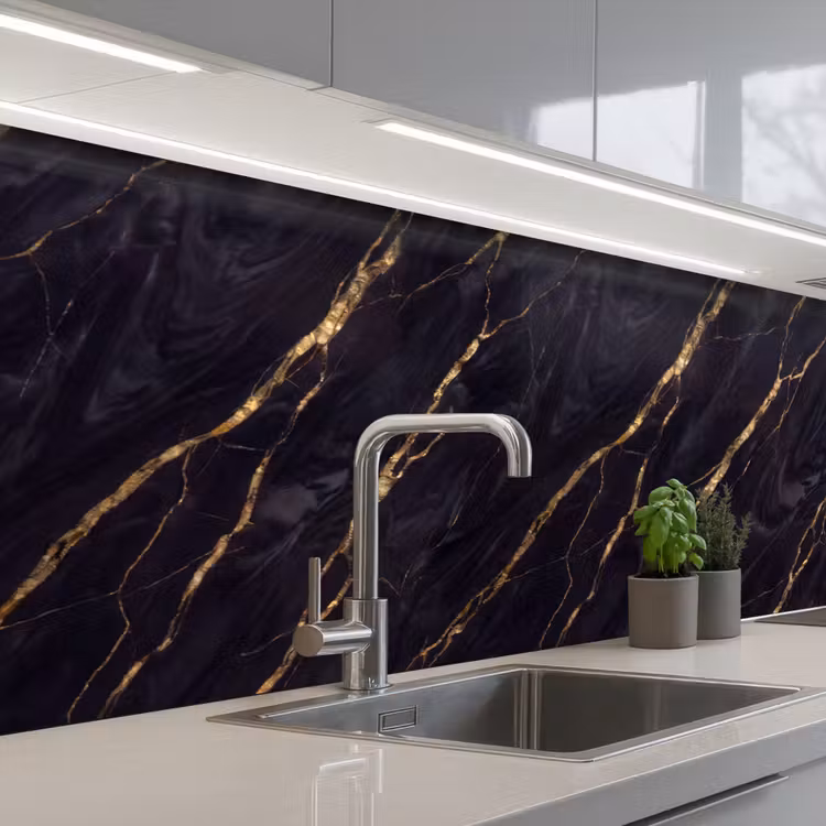 Marmer - Gouden aders - Abstract - Zwart keuken achterwand 2 middel -3d_schuin