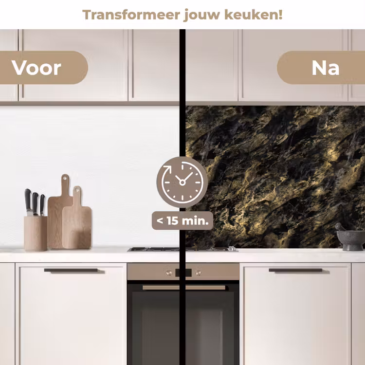 Marmer - Zwart - Goud keuken achterwand 2 middel 871 -voor-na2_NL
