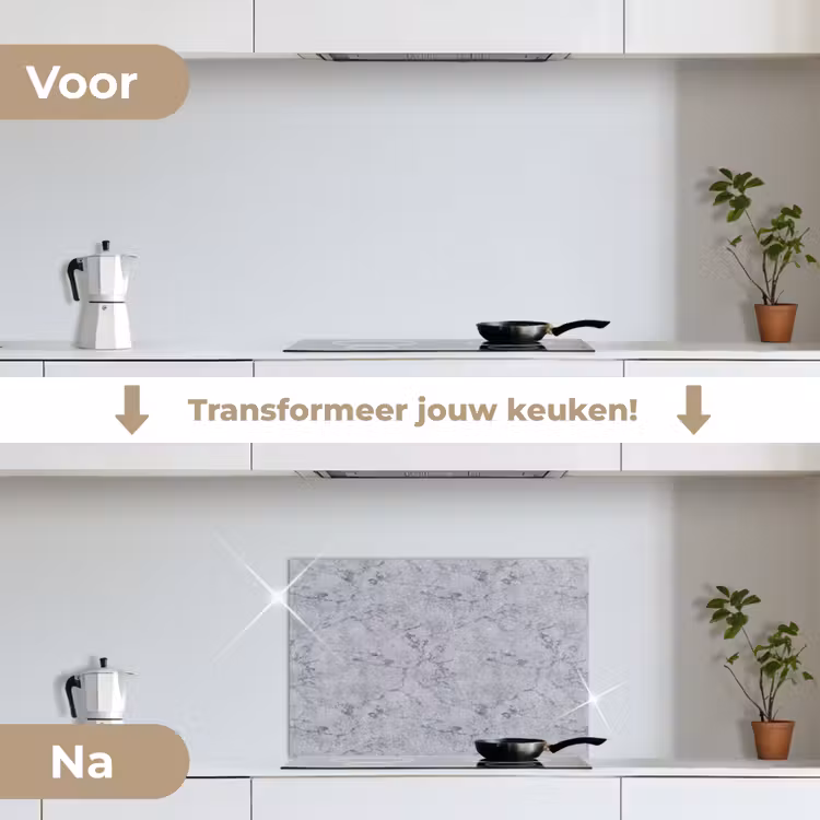 Marmerplaat - Patroon - Grijs keuken achterwand spatscherm klein 900 -voor_na_NL