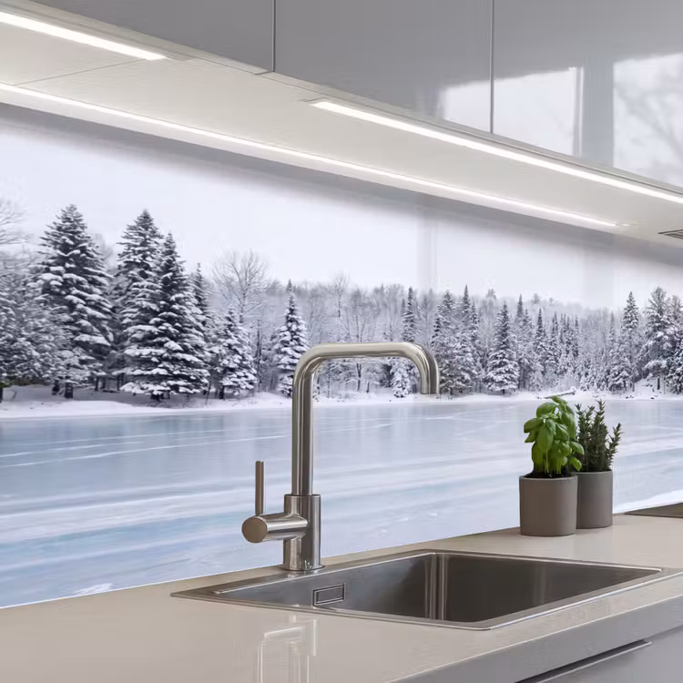Meer - Dennen - IJs - Winter - Rustgevend keuken achterwand 2 middel -3d_schuin