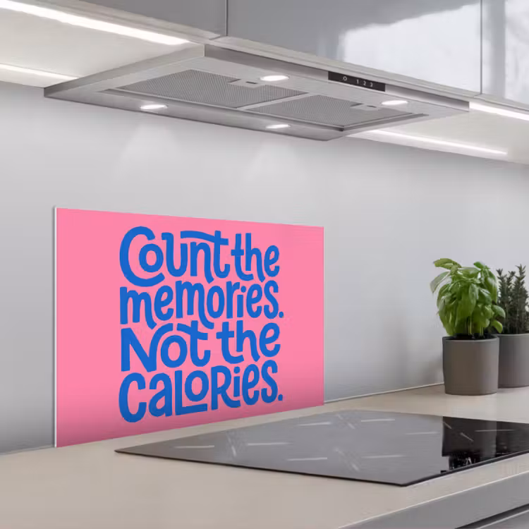 Memories - Roze - Blauw - Quote keuken achterwand spatscherm klein -3d_schuin