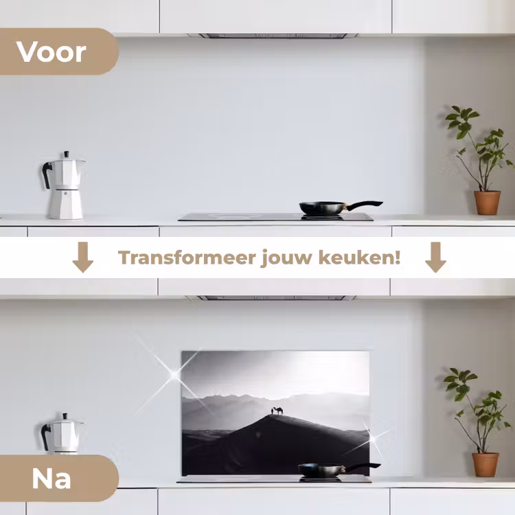 Mens - Kameel - Zandduin - Natuur - Monochroom keuken achterwand spatscherm klein -voor_na_NL