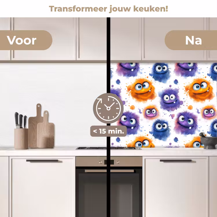 Monstertjes - Aquarel - Kleurrijk keuken achterwand 2 middel 871 -voor-na2_NL