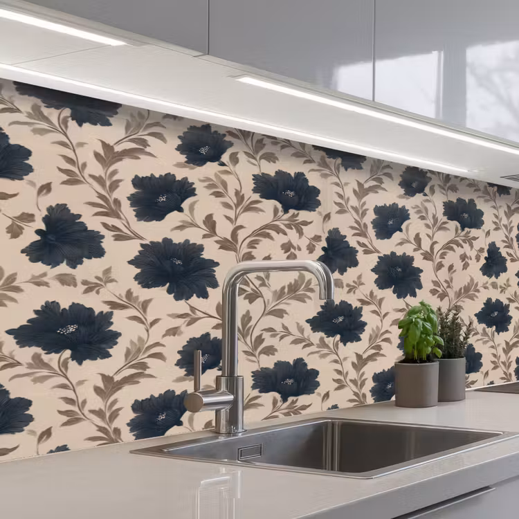 Motief - Bloemen - Zwart - Beige keuken achterwand 2 middel 871 -3d_schuin