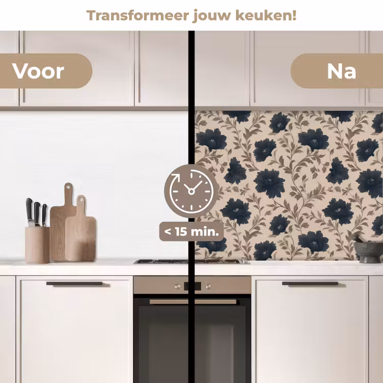 Motief - Bloemen - Zwart - Beige keuken achterwand 2 middel 871 -voor-na2_NL