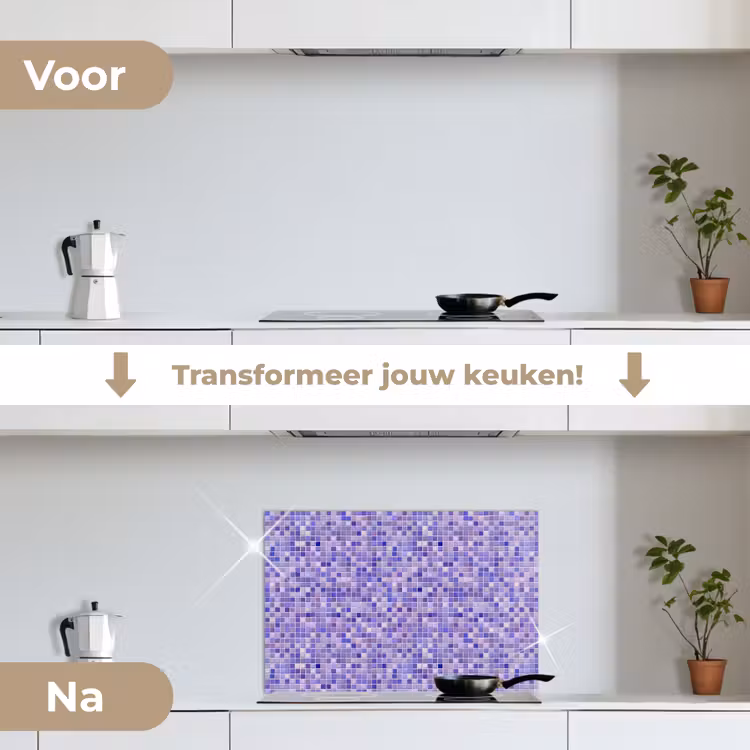 Mozaïek - Tegels - Lila - Amethist keuken achterwand spatscherm klein 900 -voor_na_NL