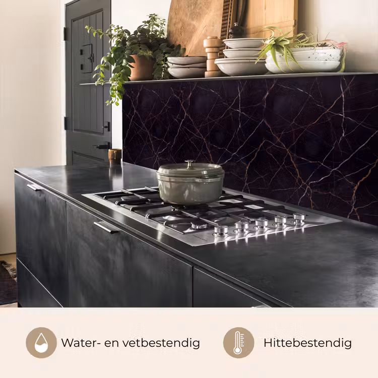Natuursteen - Marmerpatroon - Abstract - Modern - Zwart - Goud keuken achterwand 2 middel -usp_NL