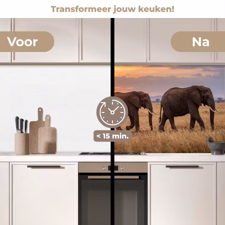 Olifanten - Savanne - Zonsondergang - Afrika - Warm keuken achterwand 2 middel -voor-na2_NL