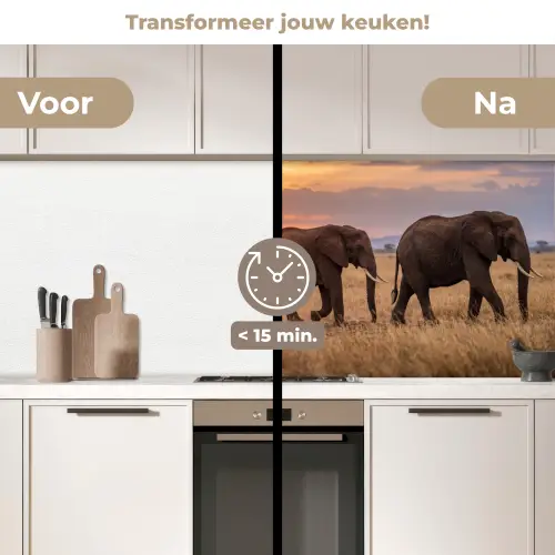 Olifanten - Savanne - Zonsondergang - Afrika - Warm keuken achterwand 2 middel -voor-na2_NL