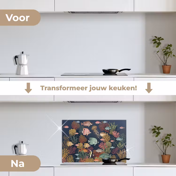 Onderwaterwereld - Vissen - Koraal - Illustratie - Kleurrijk keuken achterwand spatscherm klein -voor_na_NL