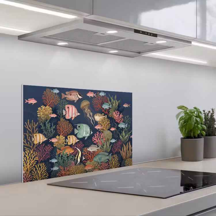 Onderwaterwereld - Vissen - Koraal - Illustratie - Kleurrijk keuken achterwand spatscherm klein -3d_schuin