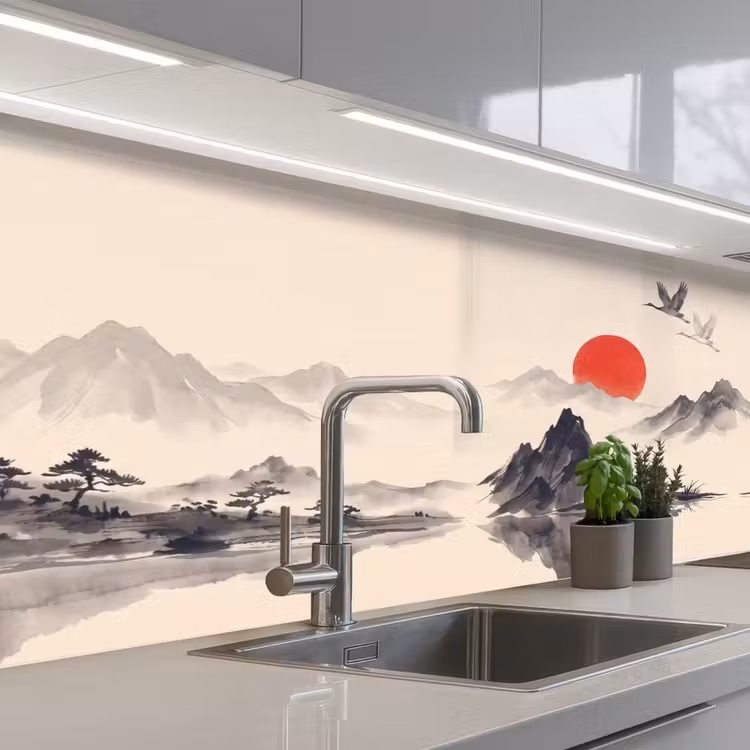 Oosters - Kraanvogels - Landschap keuken achterwand 2 middel -3d_schuin