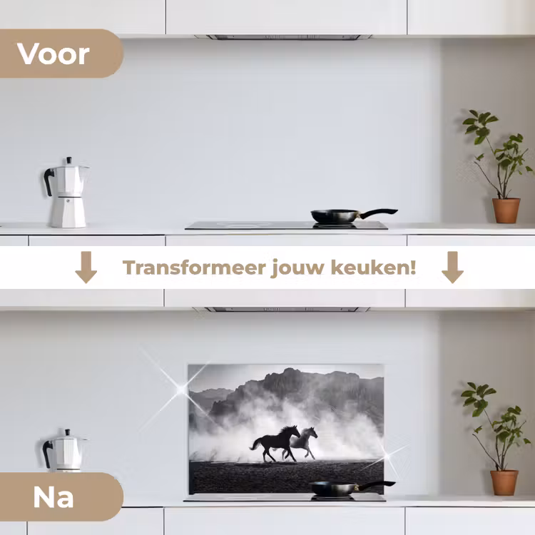 Paard - Ren - Stof - Zwart-wit - Dieren keuken achterwand spatscherm klein -voor_na_NL