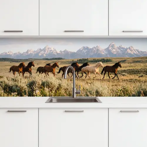 Paarden - Kudde - Bergen - Vrijheid - Wild keuken achterwand 2 middel -3d