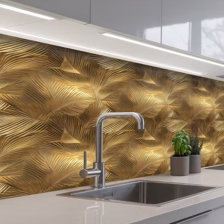 Palm - Waaier - Goud keuken achterwand 2 middel 871 -3d_schuin