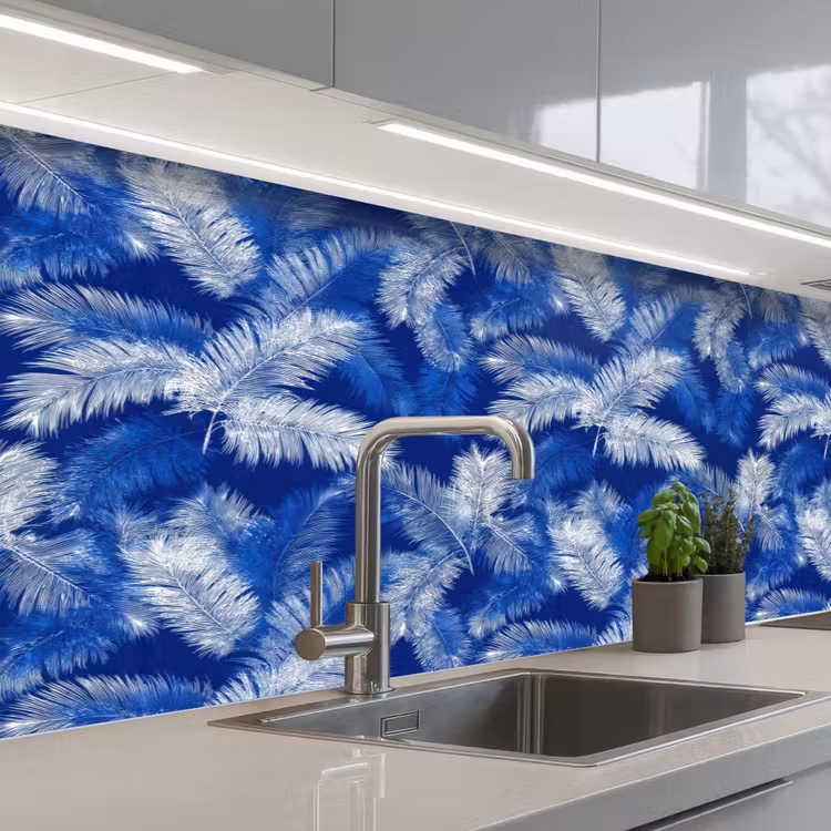 Palmblad - Patroon - Blauw keuken achterwand 2 middel 871 -3d_schuin