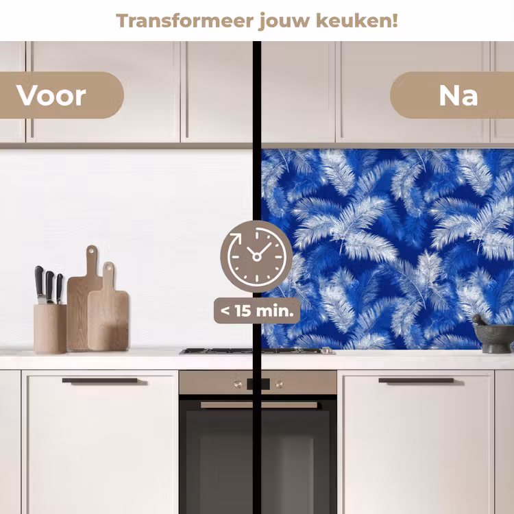 Palmblad - Patroon - Blauw keuken achterwand 2 middel 871 -voor-na2_NL