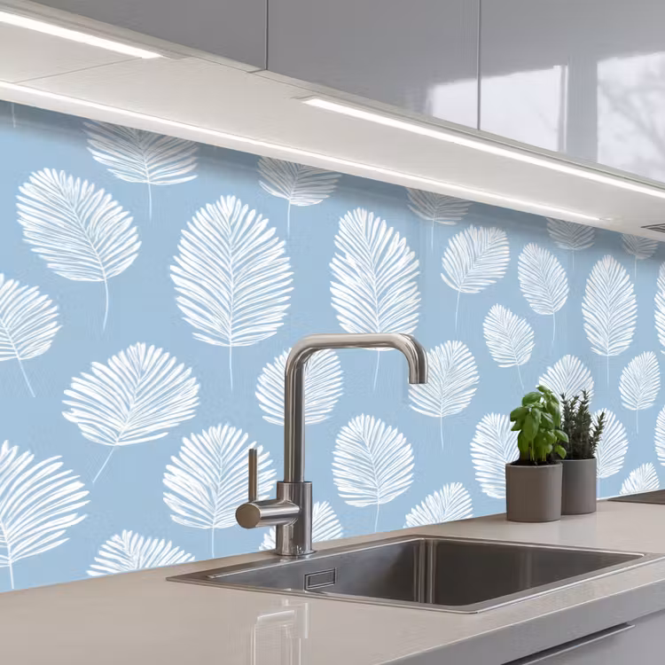 Palmbladeren - Naadloos - Patroon - Pastelblauw keuken achterwand 2 middel 871 -3d_schuin