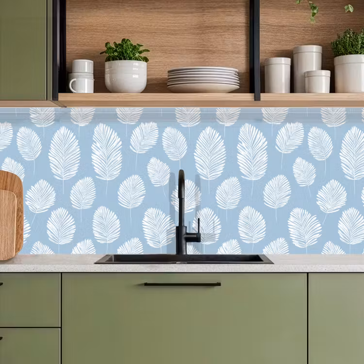 Palmbladeren - Naadloos - Patroon - Pastelblauw keuken achterwand 2 middel 871 -sfeer3