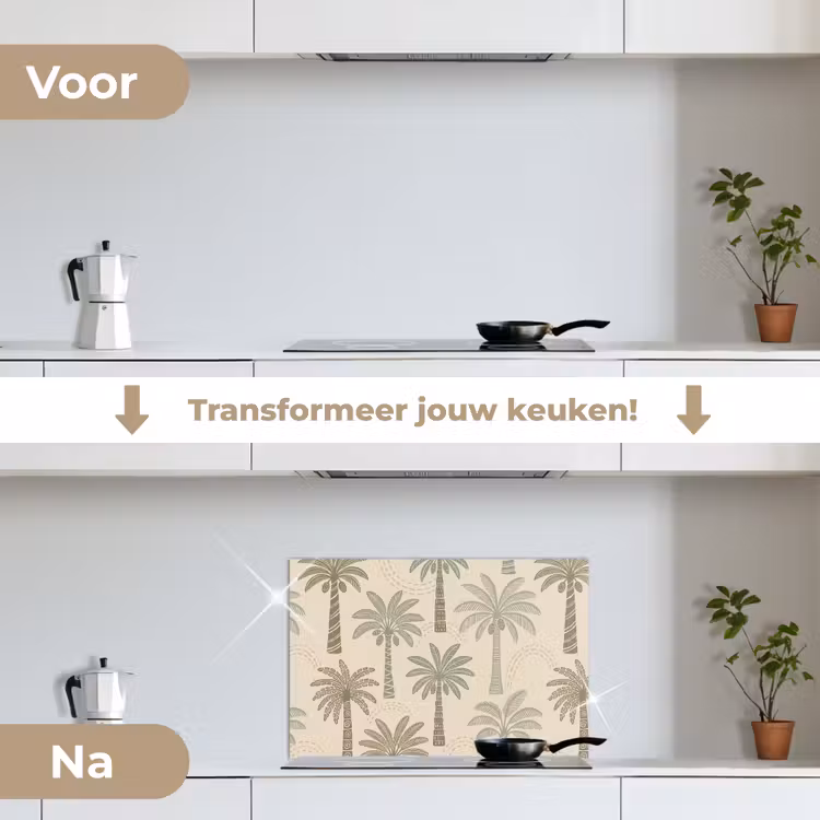 Palmbomen - Patroon - Tropisch - Beige keuken achterwand spatscherm klein -voor_na_NL