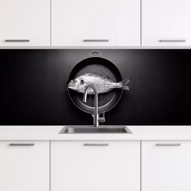 Pan - Vis - Zwart - Wit keuken achterwand 2 middel -3d