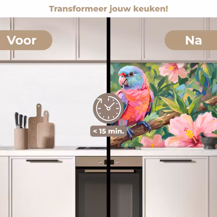 Papagaai - Hibiscusbloemen - Kleurrijk keuken achterwand 2 middel -voor-na2_NL