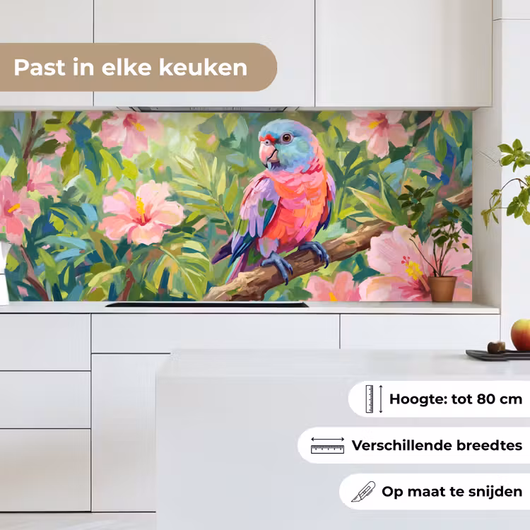 Papagaai - Hibiscusbloemen - Kleurrijk keuken achterwand 2 middel -sfeer4_NL