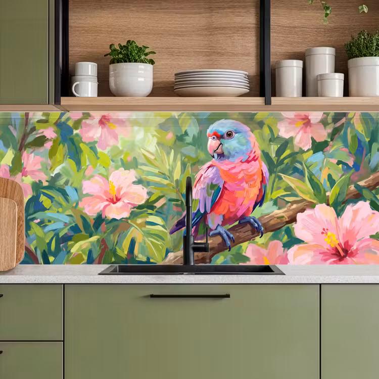 Papagaai - Hibiscusbloemen - Kleurrijk keuken achterwand 2 middel -sfeer3