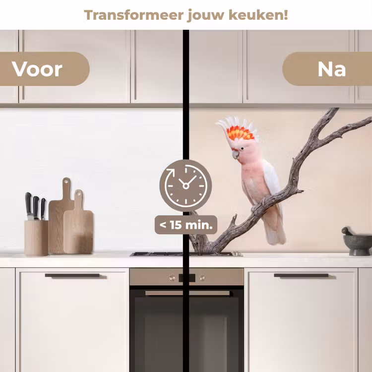 Papagaai - Tak - Roze keuken achterwand 2 middel -voor-na2_NL