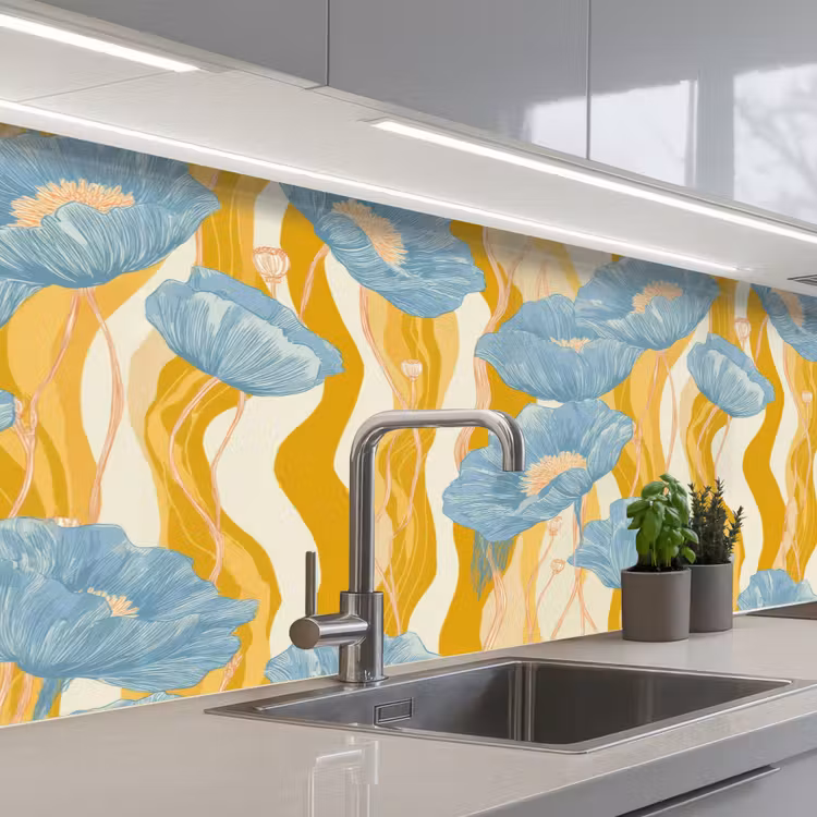 Papavers - Botanisch - Blauw keuken achterwand 2 middel 871 -3d_schuin