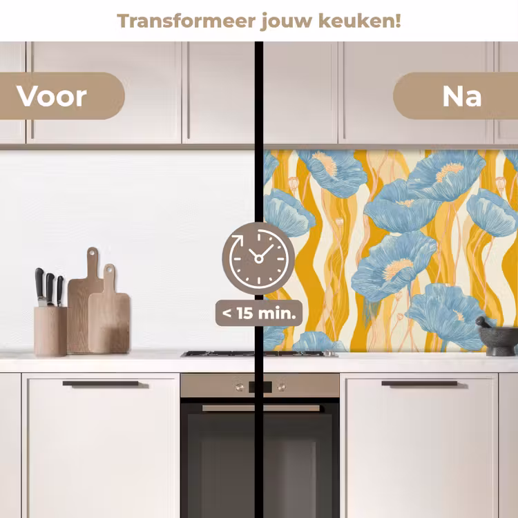 Papavers - Botanisch - Blauw keuken achterwand 2 middel 871 -voor-na2_NL