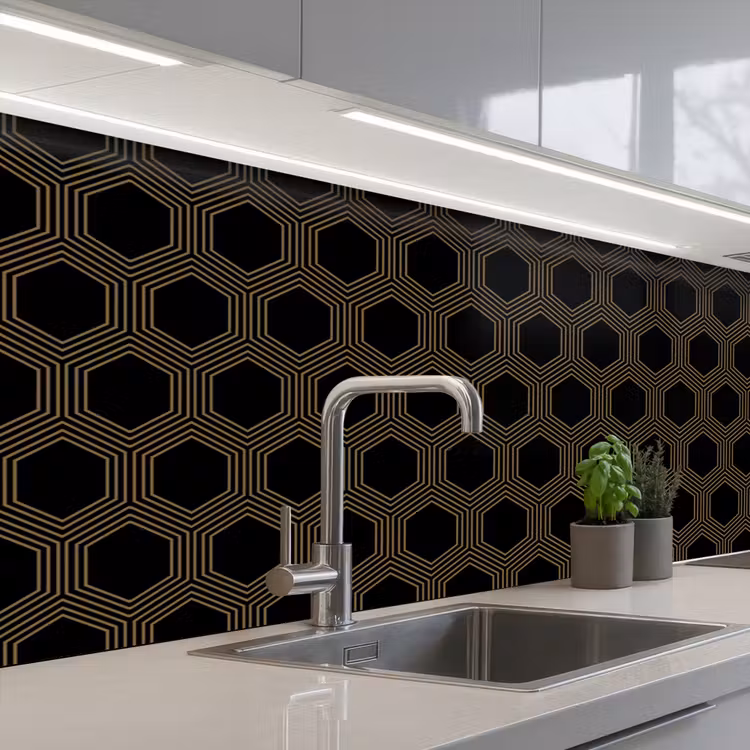 Parallel - Goud - Zwart - Bijenraatmotief keuken achterwand 2 middel 871 -3d_schuin