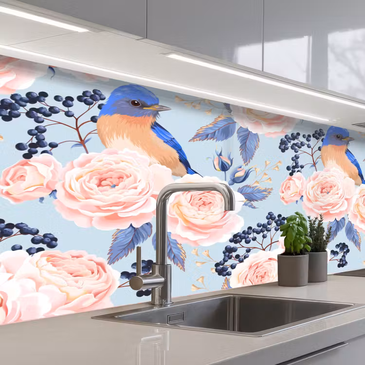 Patronen - Roos - Vogel - Blauw keuken achterwand 2 middel 871 -3d_schuin