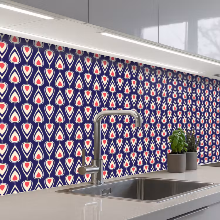 Patronen - Vintage - Blauw - Rood keuken achterwand 2 middel 871 -3d_schuin